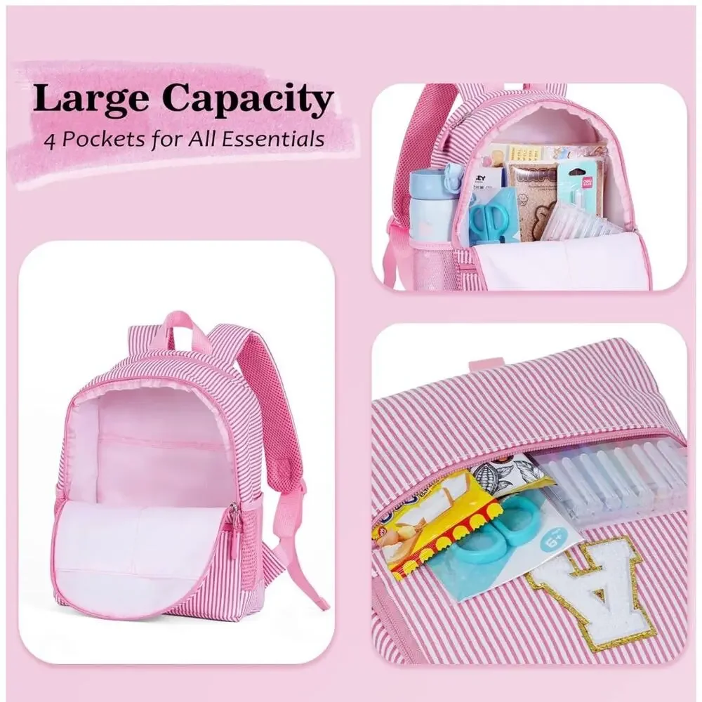 Pink Seersucker Kids Backpack with Initial Letter | Toddler Preschool Girl Bag